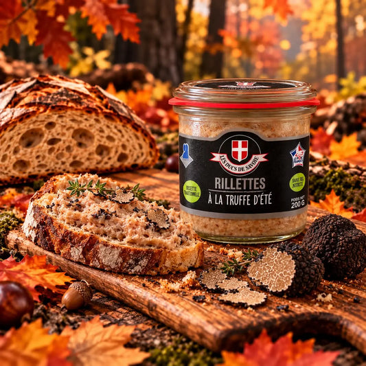 Rillettes à la truffe d'été 200 g en bocal, tartine et truffes – Ôsaucissons