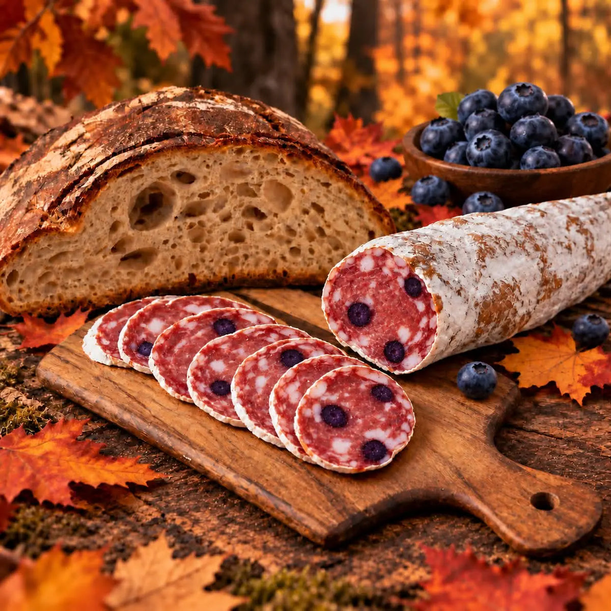 Saucisson aux myrtilles 180 g tranché et bol de myrtilles – Ôsaucissons
