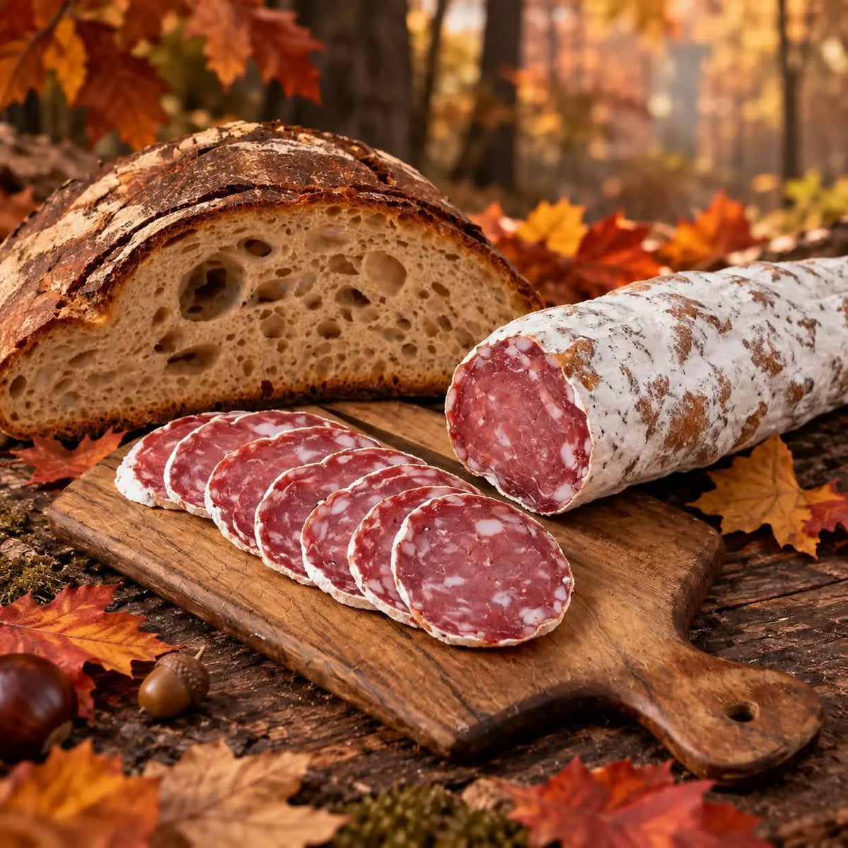Saucisson sec pur porc 180 g tranché sur planche en bois – Ôsaucissons