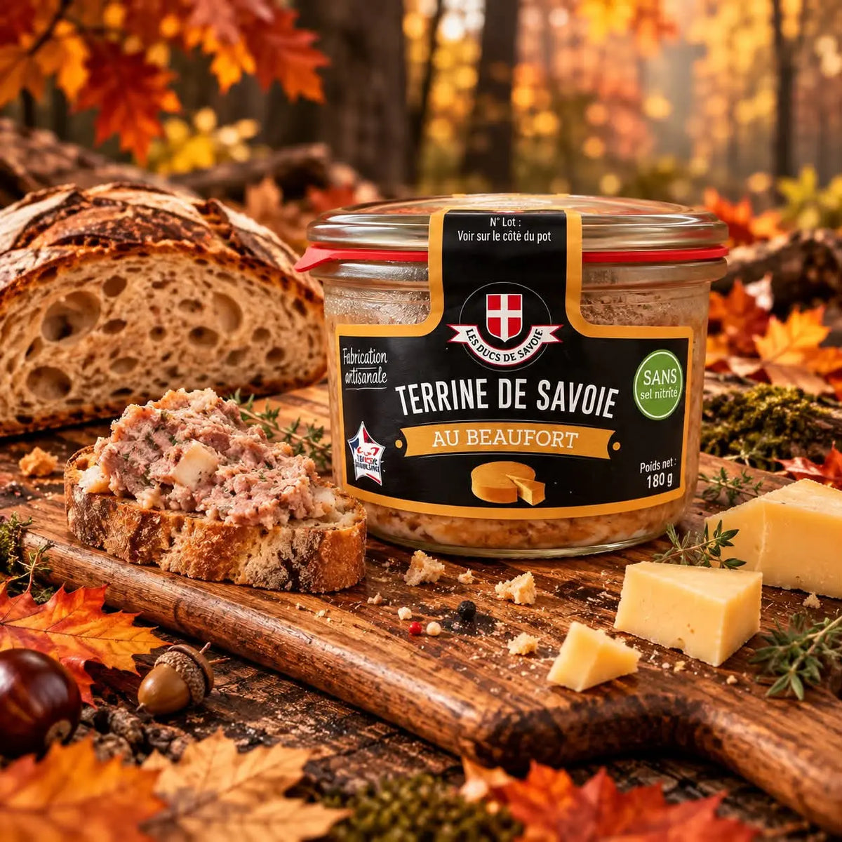 Terrine de Savoie au Beaufort 180 g en bocal, tartine et Beaufort – Ôsaucissons